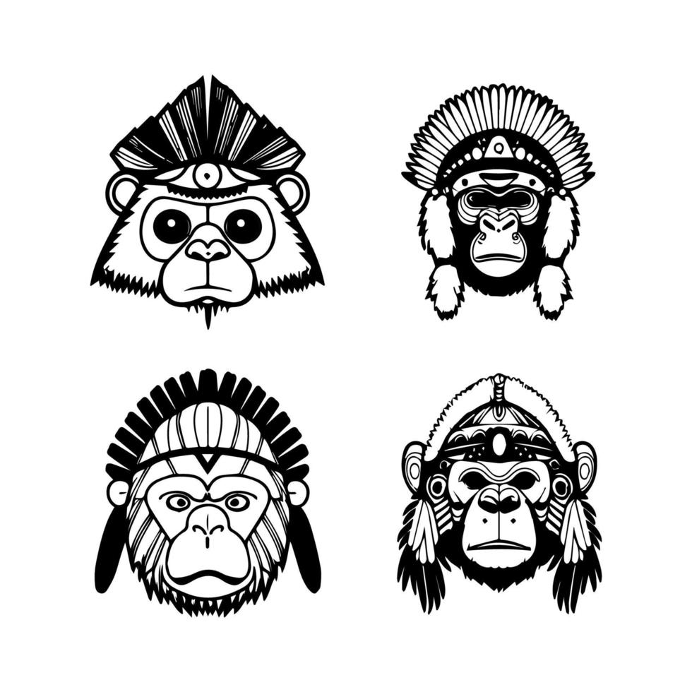 Unleash the wild side with our cute kawaii gorilla head wearing Indian chief accessories collection. Hand drawn with love, these illustrations are sure to add a touch of strength and playfulness vector
