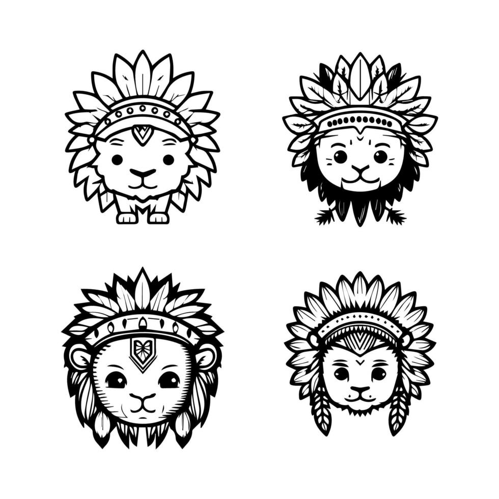 Roar with cuteness. Our kawaii lion head wearing Indian chief accessories collection is here. Hand drawn with love, these illustrations are sure to add a playful touch to your project vector