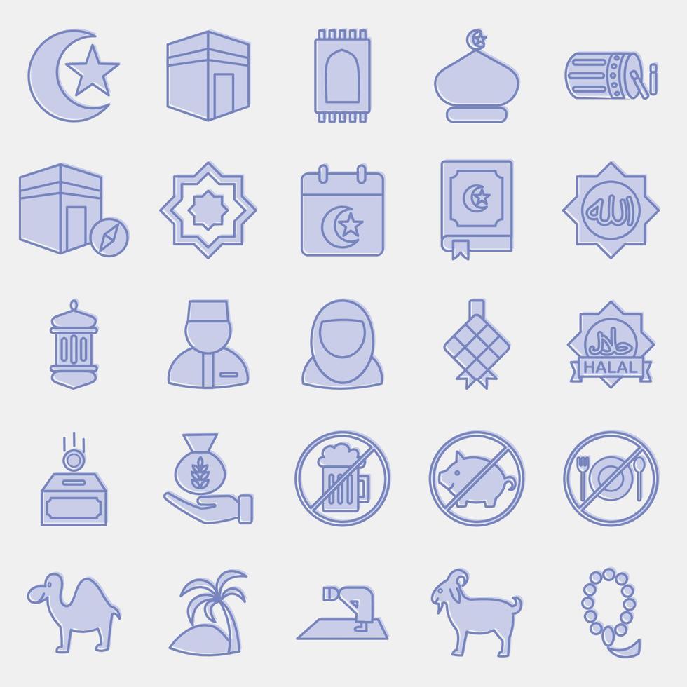 Icon set of islamic. Islamic elements of Ramadhan, Eid Al Fitr, Eid Al Adha. Icons in two tone style. Good for prints, posters, logo, decoration, greeting card, etc. vector