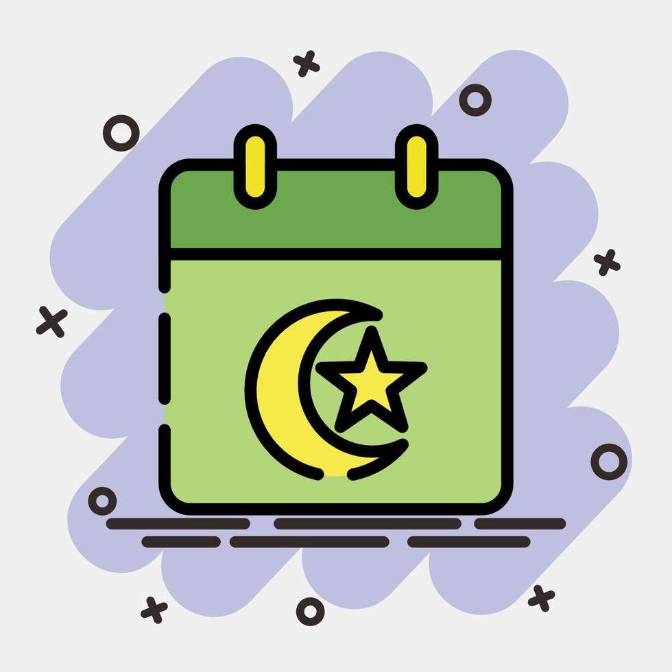 Icon islamic calendar. Islamic elements of Ramadhan, Eid Al Fitr, Eid Al Adha. Icons in comic style. Good for prints, posters, logo, decoration, greeting card, etc. vector