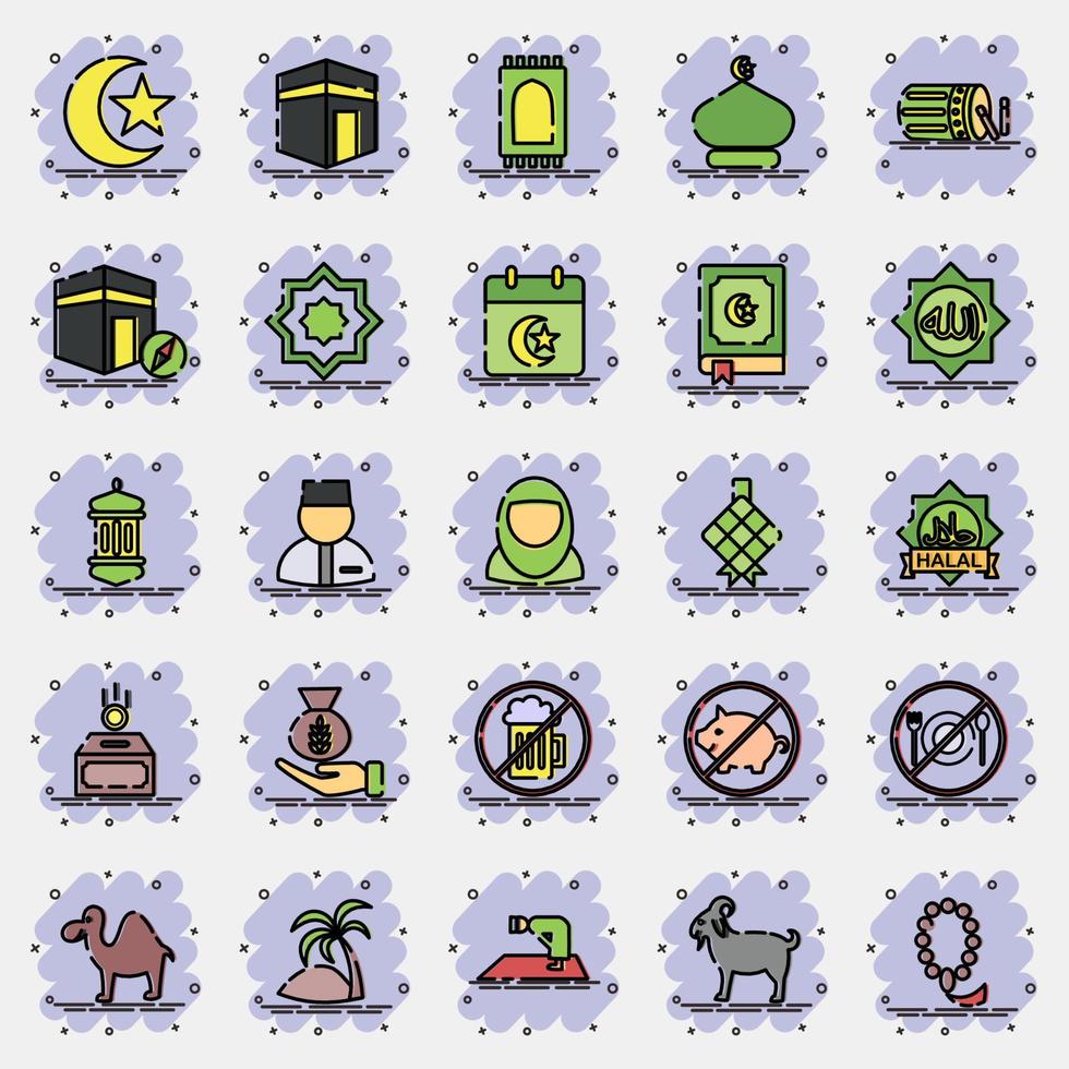 Icon set of islamic. Islamic elements of Ramadhan, Eid Al Fitr, Eid Al Adha. Icons in comic style. Good for prints, posters, logo, decoration, greeting card, etc. vector