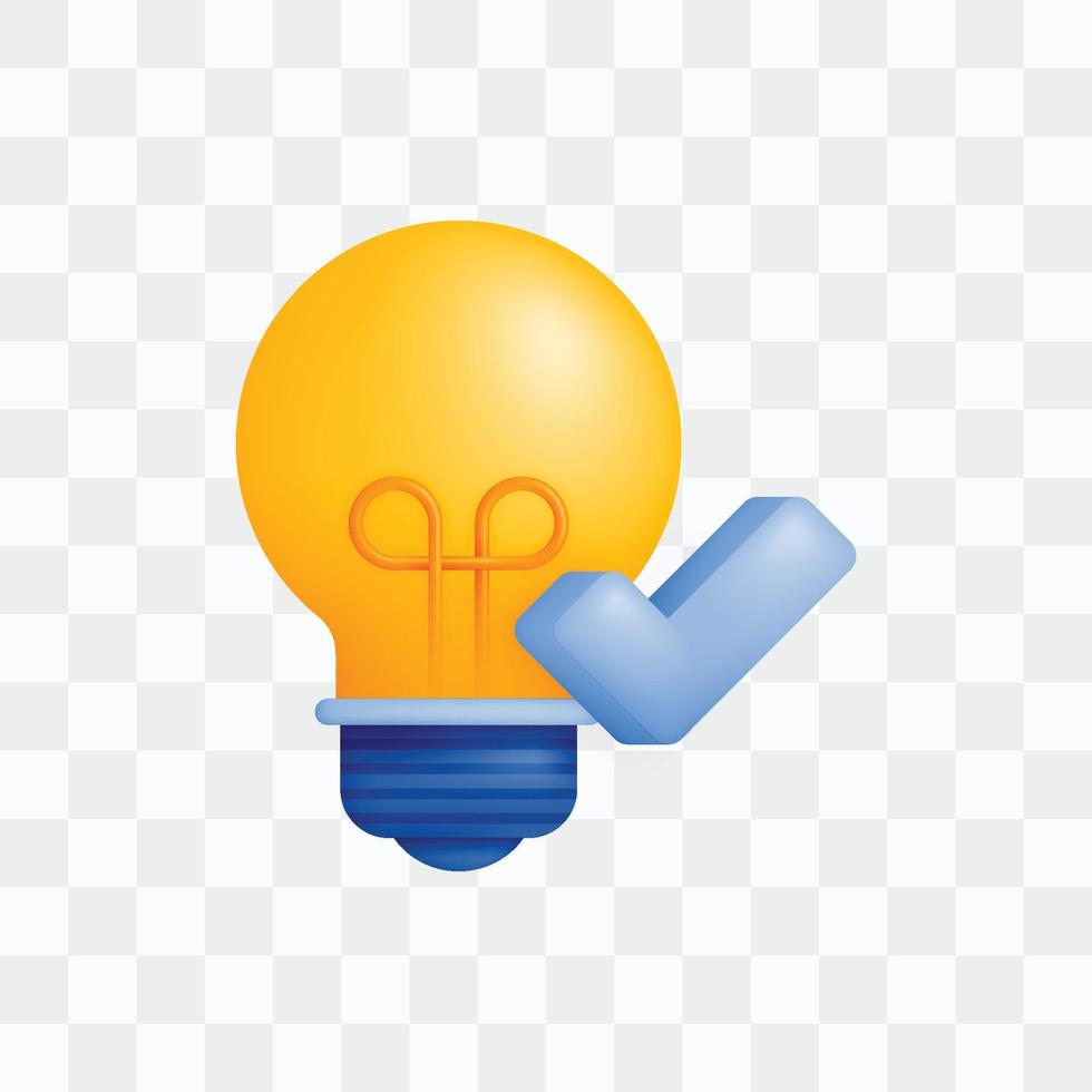 3d icono realista hacer estilo de lámpara o ligero bulbo con grande azul garrapata símbolo, metáfora de ideas y pensamientos en educación, encuesta cuestionario. votar o encuesta. lata ser usado para sitios web, aplicaciones, anuncios vector