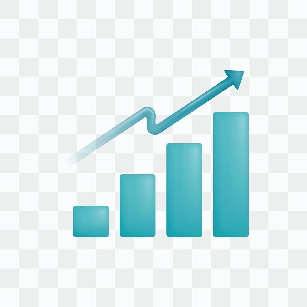 Vector icon with 3d render style of bar chart with up arrow. for companies, corporate, banking or financial businesses. Can be used for ads, poster, startup mobile apps, banner, website, social media