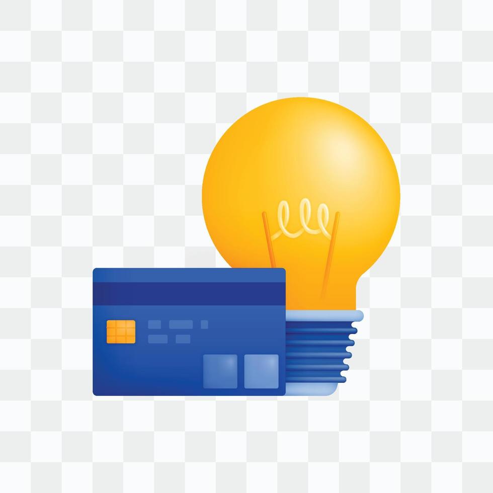 3d icono realista hacer estilo de ligero bulbo o ligero bulbo con crédito tarjeta, metáfora de ideas en Finanzas o bancario a pagar apagado deudas y préstamos lata ser usado para sitios web, aplicaciones, anuncios, carteles, pancartas vector