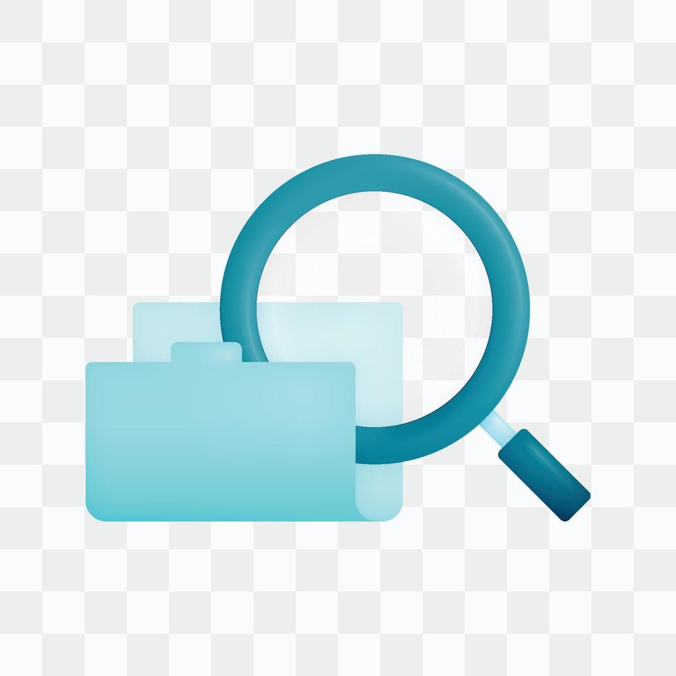 Vector icon with 3d render style of folder and magnifying glass metaphor for searching data in folders or reserch archived data. Can be used for ads, poster, startup apps, banner, website, template