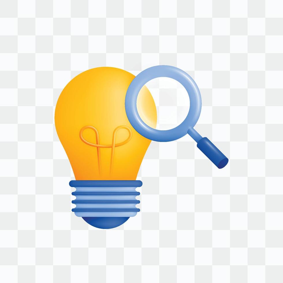 3d icon realistic render style of lamp or bulb inverted with magnifying glass, metaphor of looking for ideas or thoughts, brainstorming in research and development. Can be used for websites, apps, ads vector