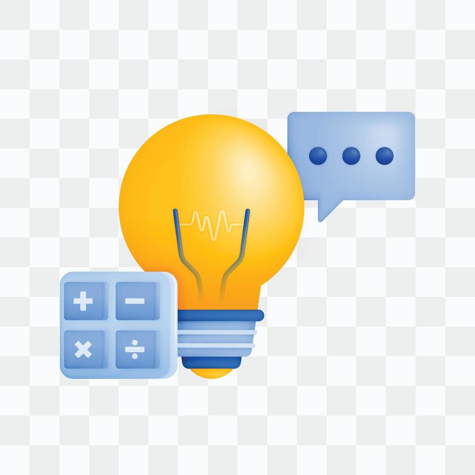 3d icon realistic render style of lamp or bulb with calculator and balloon chat, metaphor of communication and dialogue managing ideas in accounting jobs. Can be used for websites, apps, ads, posters vector