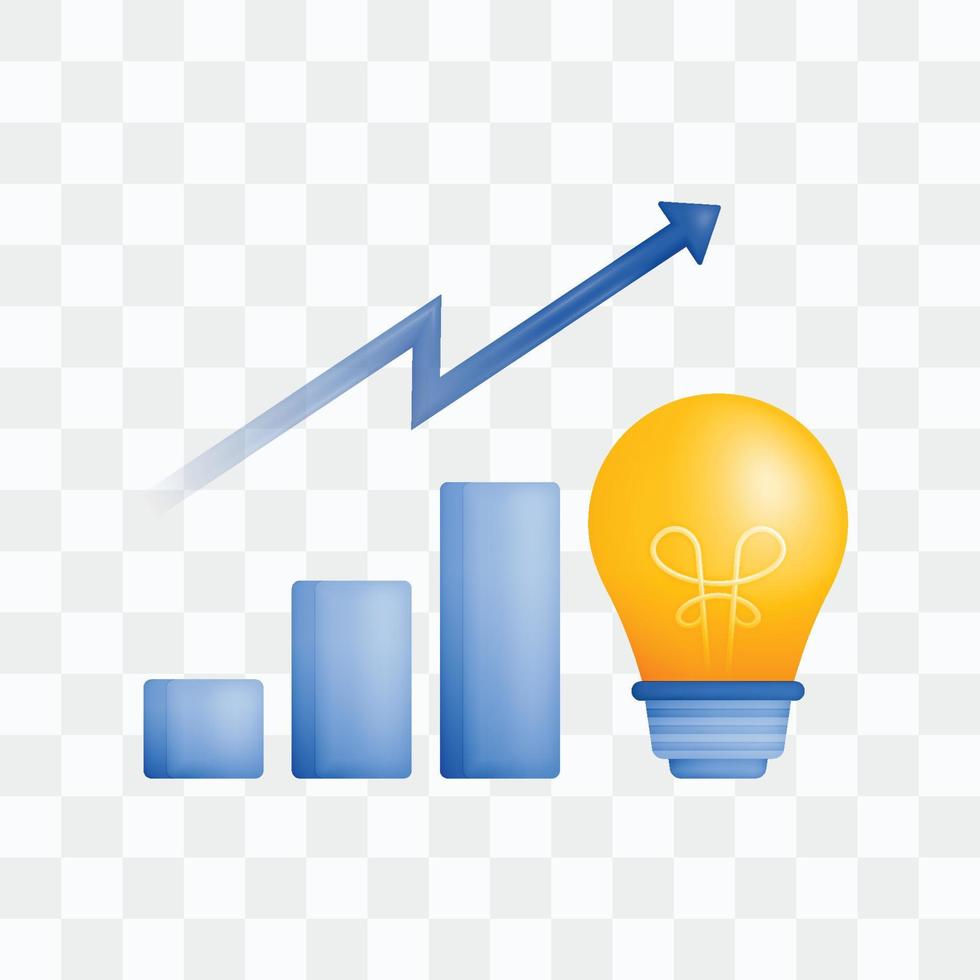 3d icon realistic render style of bulb and lights with increase in bar charts and arrows, metaphors from ideas to increase wealth, profit margin or sales. Can be used for websites, apps, ads, poster vector