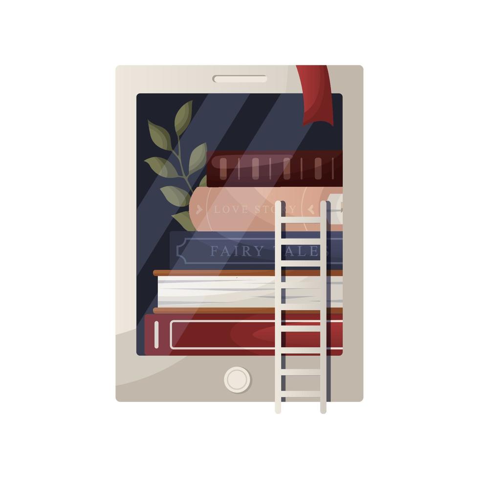 Electronic ebook reader. Tablet for reading electronic book. Digital literature. Bookstore, bookshop, library, book lover, bibliophile, education for card, poster, banner, website vector