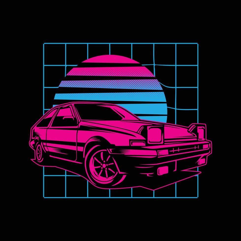 Retro 80s sci-fi futuristic style background with supercar. Vector retro futuristic synthwave
