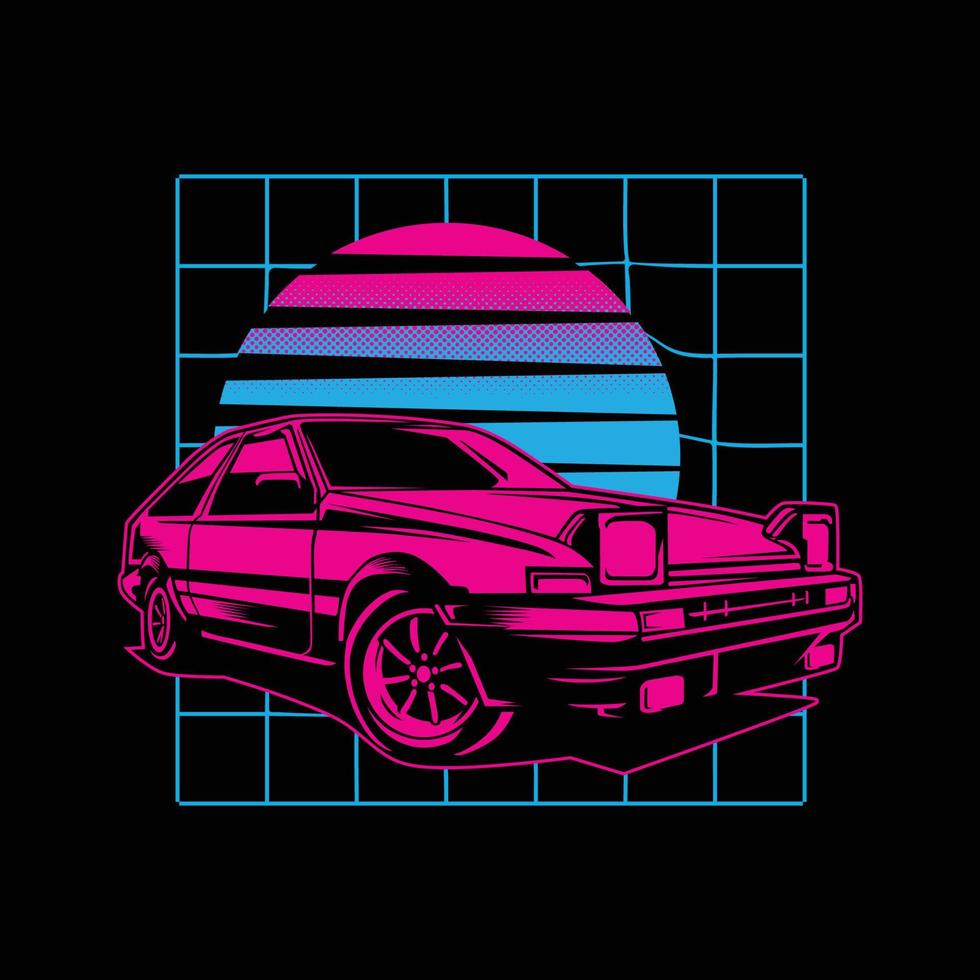 Retro 80s sci-fi futuristic style background with supercar. Vector retro futuristic synthwave