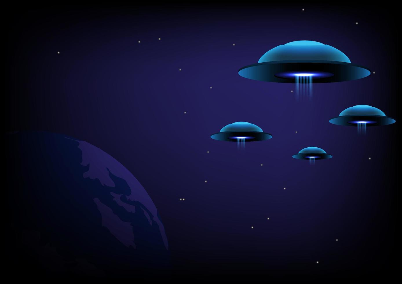 UFO explores the planet earth, planet or moon in the night sky. with an abstract space layer, an unidentified flying object hovering above the human world. vector illustration