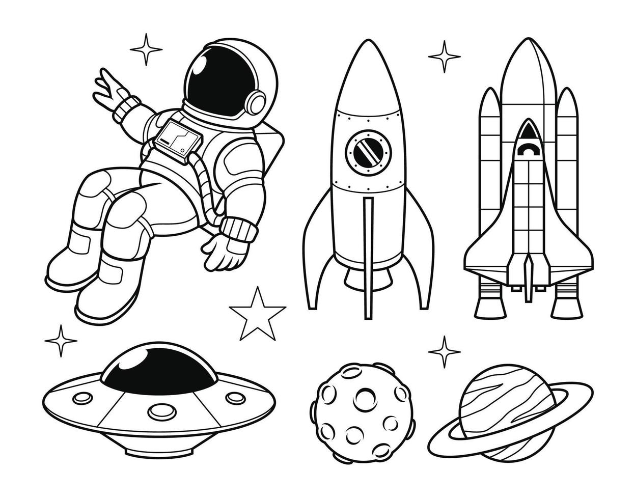 espacio conjunto vector ilustración. cohete, astronauta, planeta, OVNI vector ilustración.