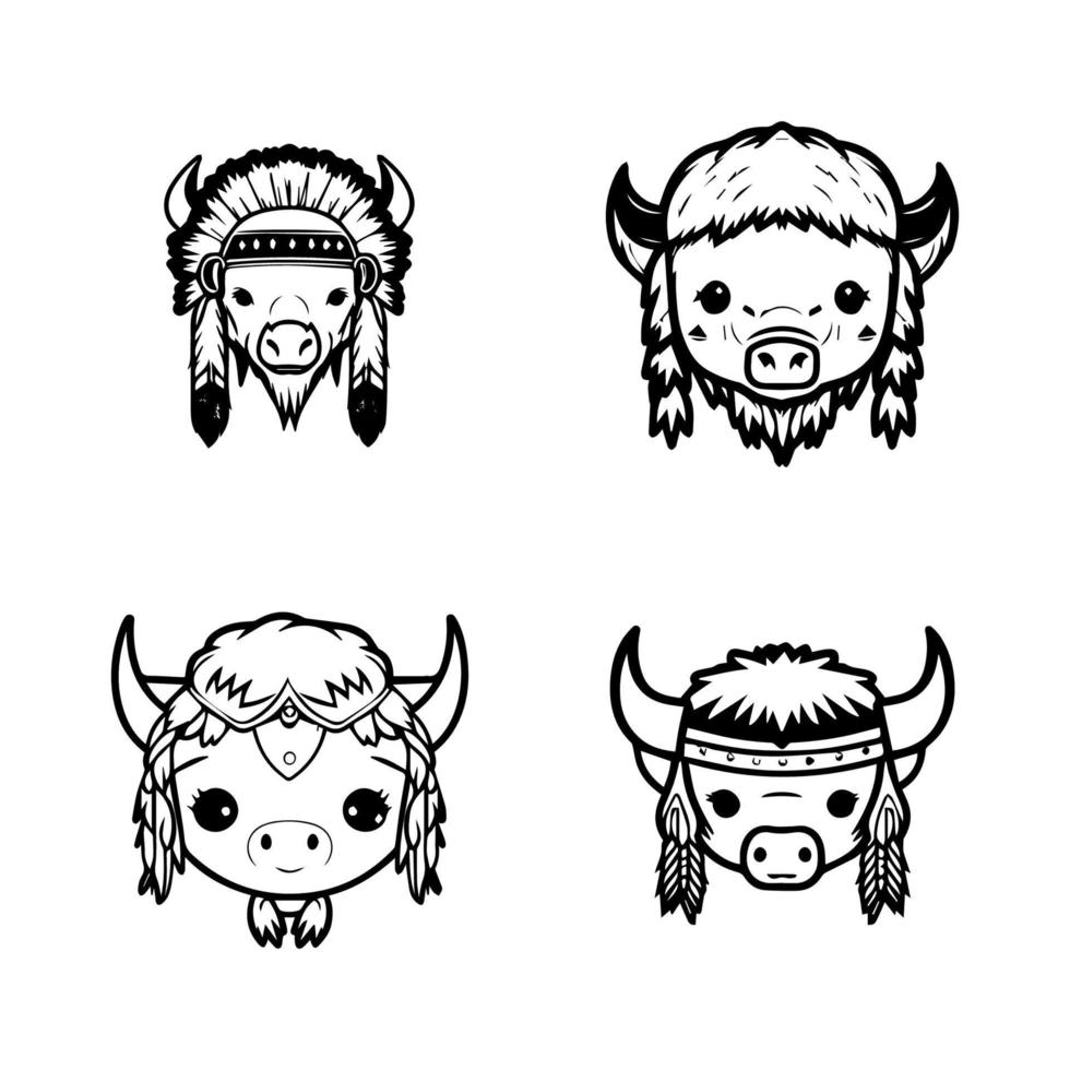 A cute and charming kawaii buffalo logo donning Indian chief accessories, showcased in a set of Hand drawn and colorful illustrations vector