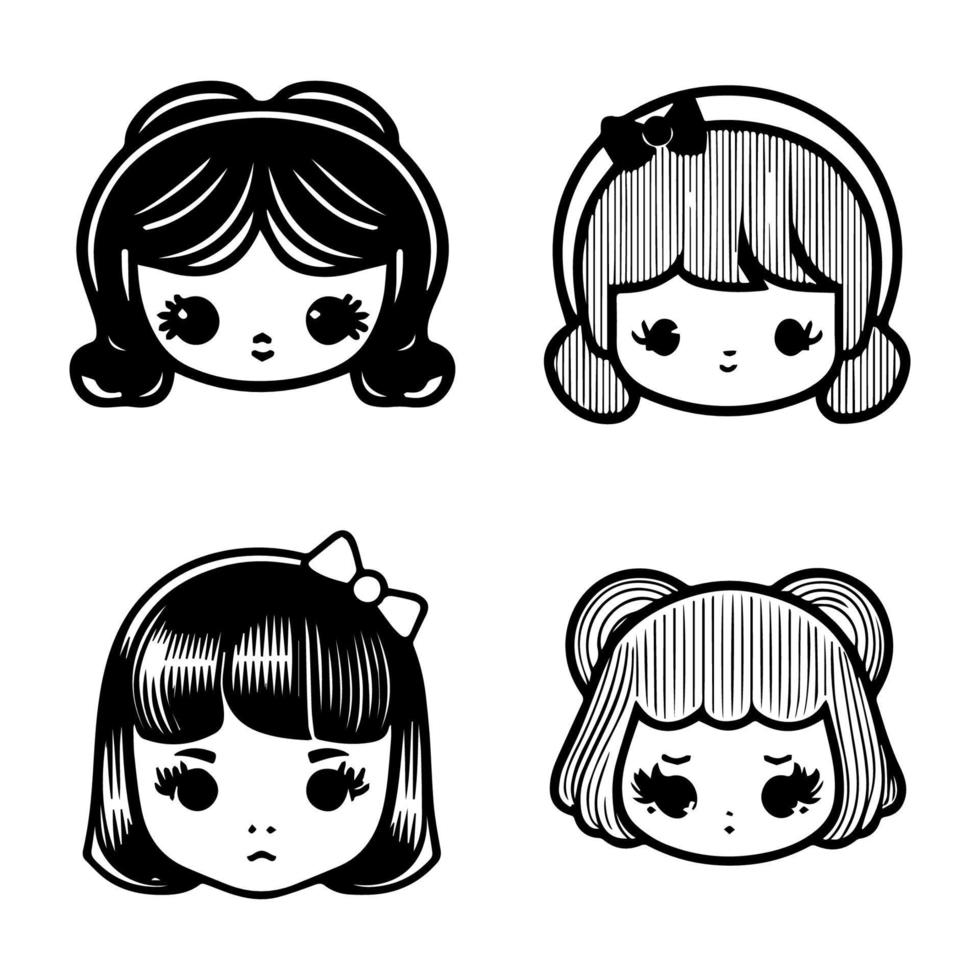 divertido y miedoso mano dibujado colección conjunto de linda kawaii retro chicas, evocando un sentido de nostalgia y Clásico encanto vector