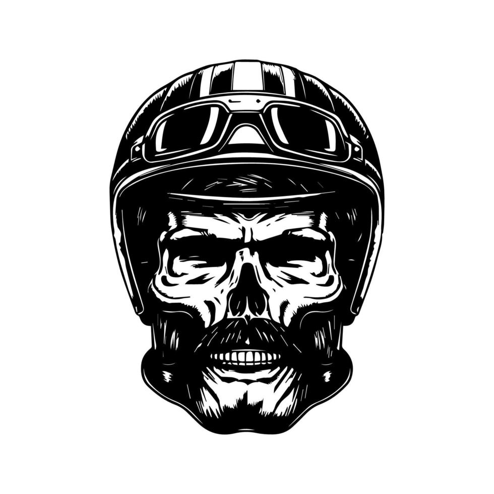 nervioso y elegante mano dibujado línea Arte ilustración de un chicano cráneo motorista vistiendo un casco, exhibiendo un único fusión de difícil y sofisticado vector