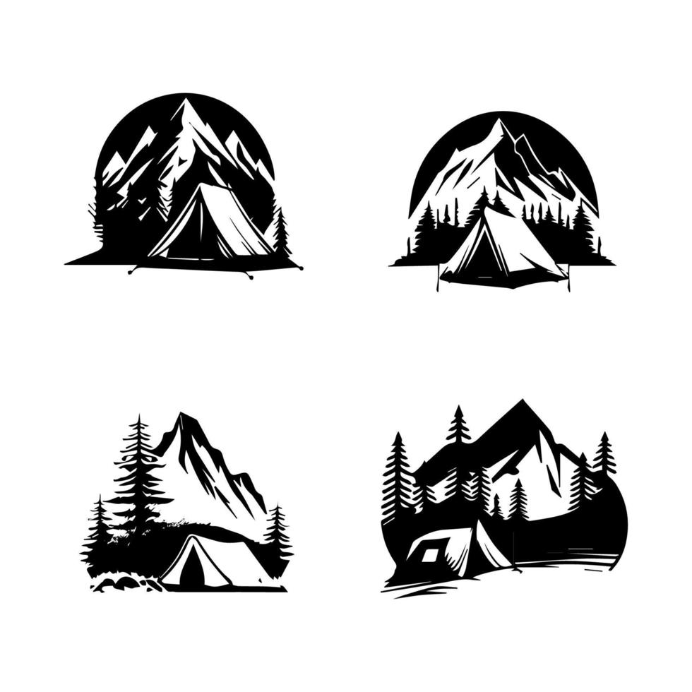 Rustic and adventurous Hand drawn collection set of camping logo silhouettes, perfect for nature lovers and outdoor enthusiasts vector