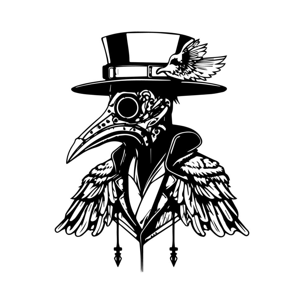 Dark and haunting Hand drawn line art illustration of Doctor Plague, evoking a sense of mystery and intrigue vector