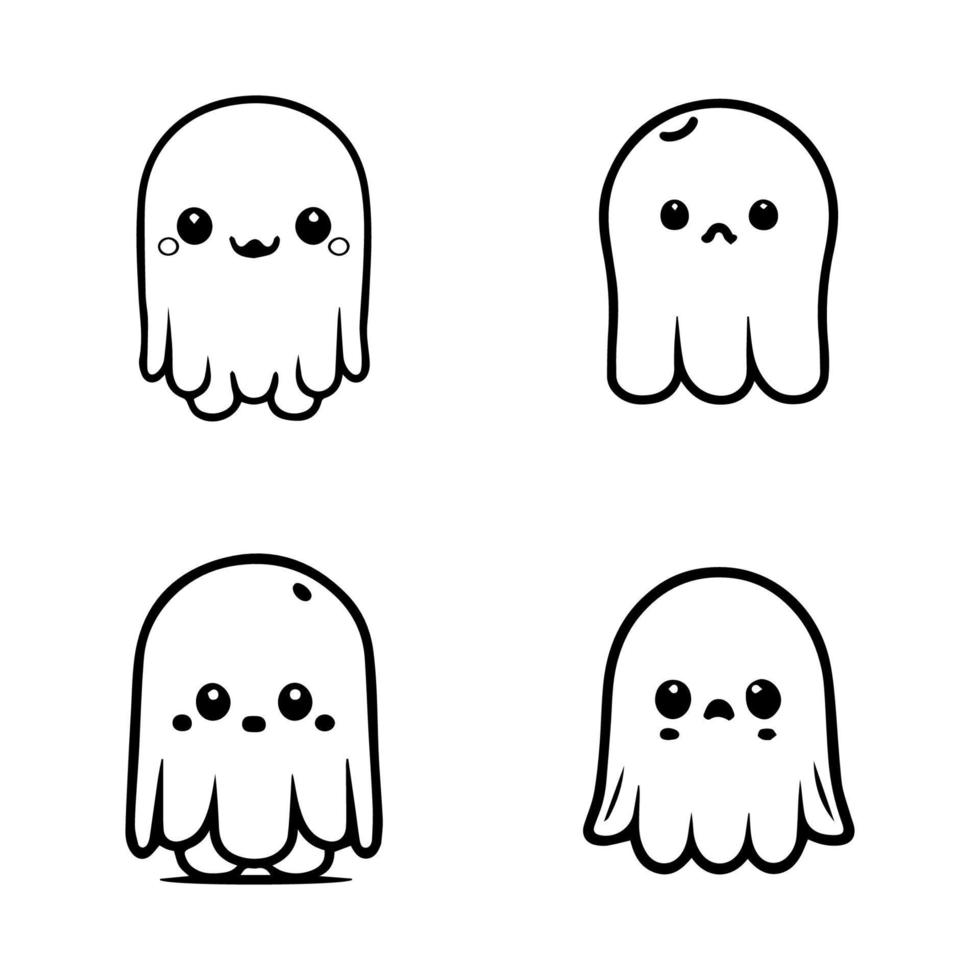 Whimsical and delightful collection of Hand drawn line art illustrations featuring cute Halloween ghosts, perfect for adding a spooky touch to any project vector