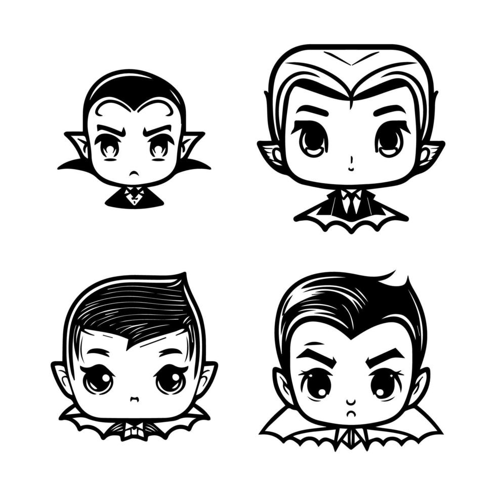 Charming and playful collection of Hand drawn line art illustrations featuring cute Dracula heads, perfect for Halloween or any occasion vector