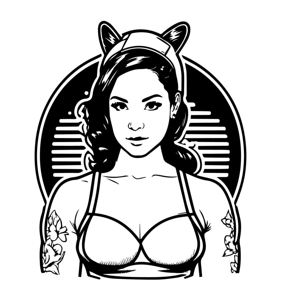 A stylish Chicano girl in black and white, rendered in intricate Hand drawn line art illustration vector
