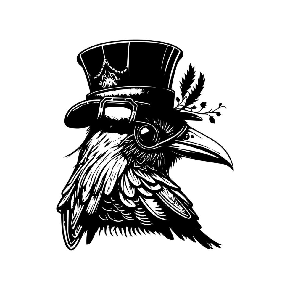 This black and white Hand drawn illustration features a steampunk-themed crow, a perfect addition to your dark and edgy design projects vector