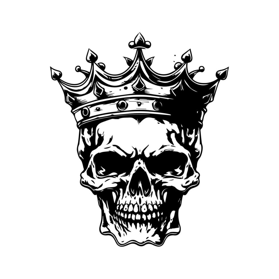 A collection of Hand drawn, black and white line art illustrations featuring a smiling skull wearing a regal crown vector