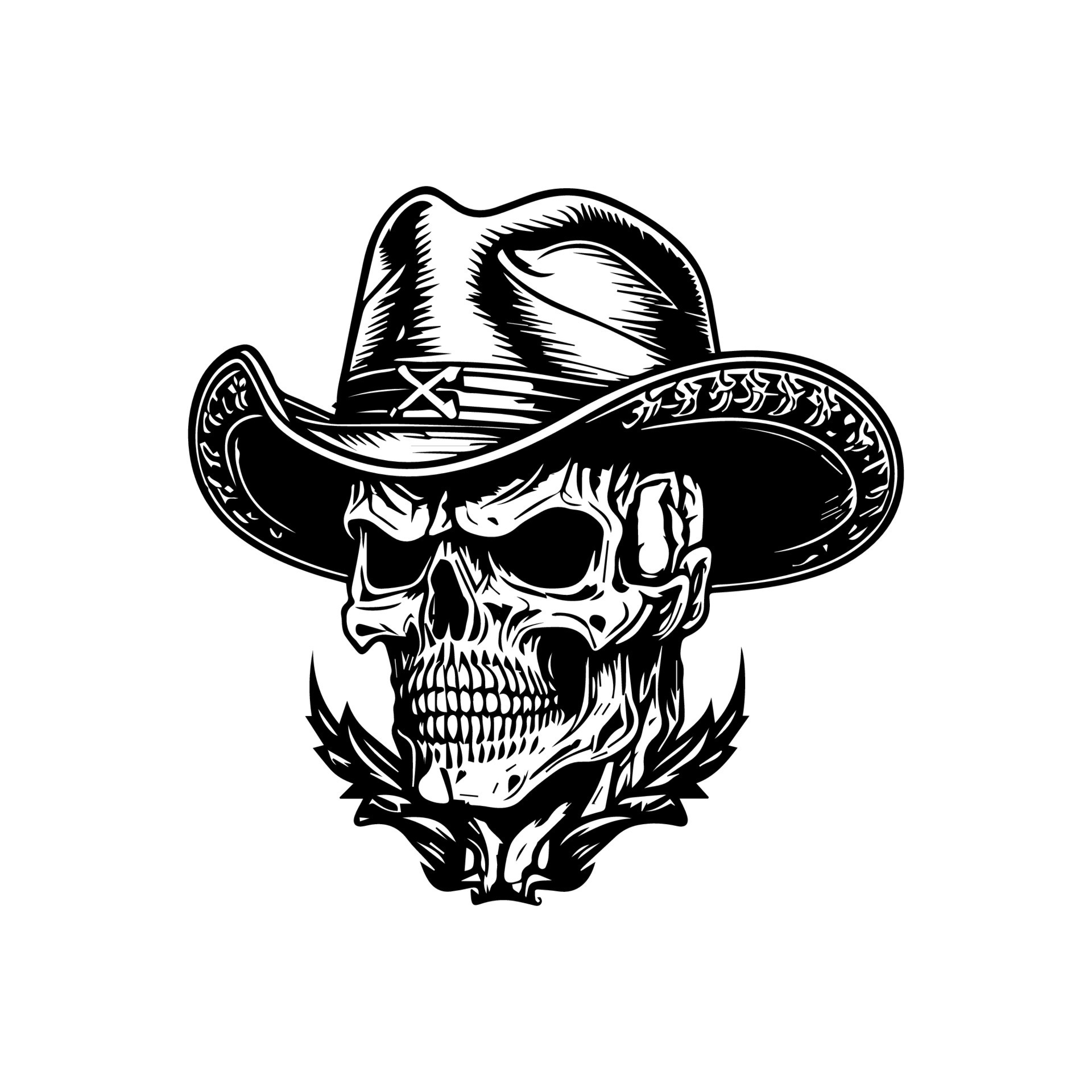 Smiling skull wearing cowboy hat a Hand drawn illustration depicting a