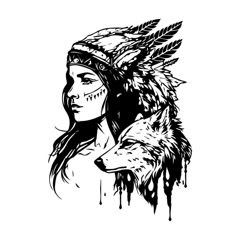 A stunning Hand drawn illustration of a beautiful girl wearing an Indian chief headpiece, with intricate details and shading vector