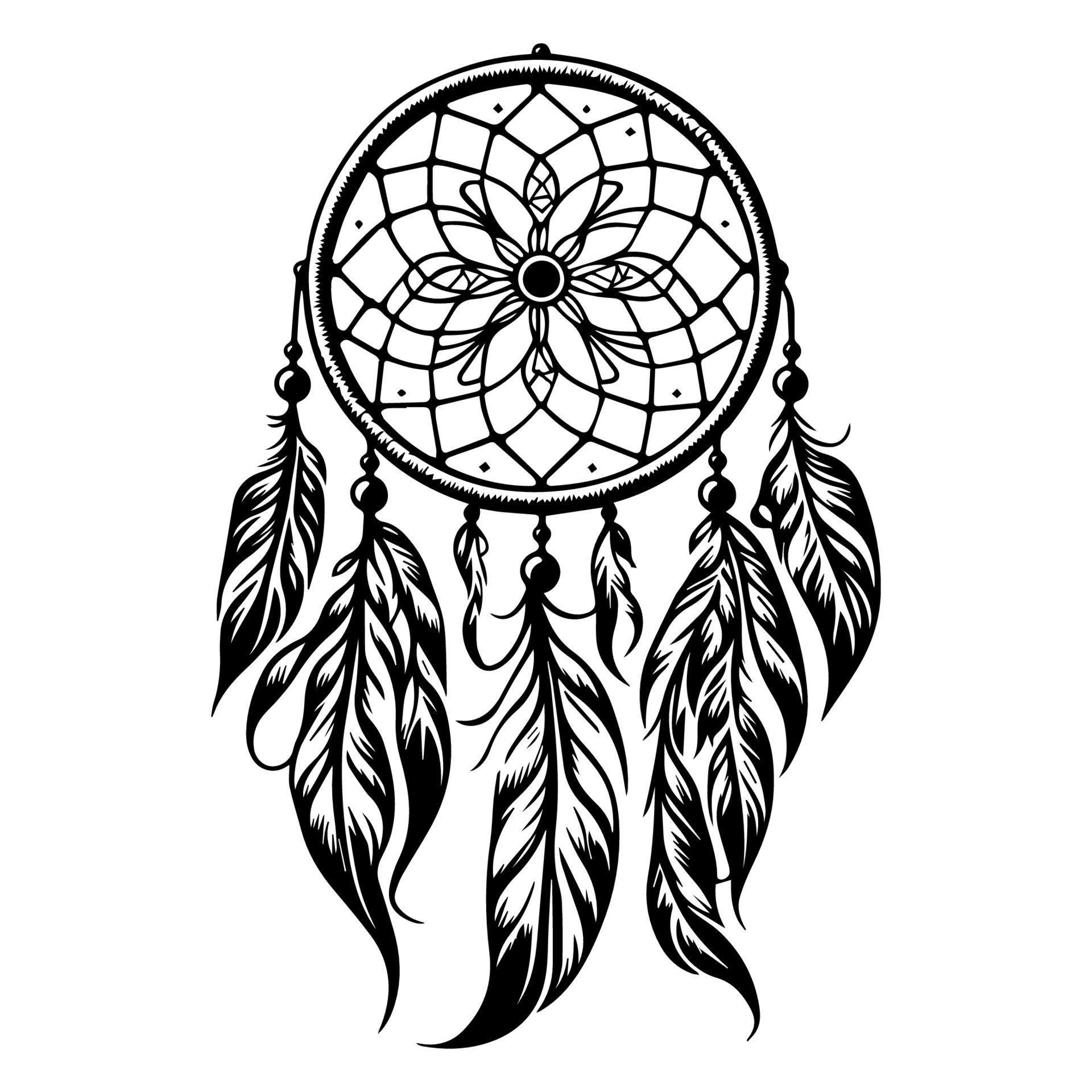 A Hand drawn illustration of a dream catcher with feather and bead