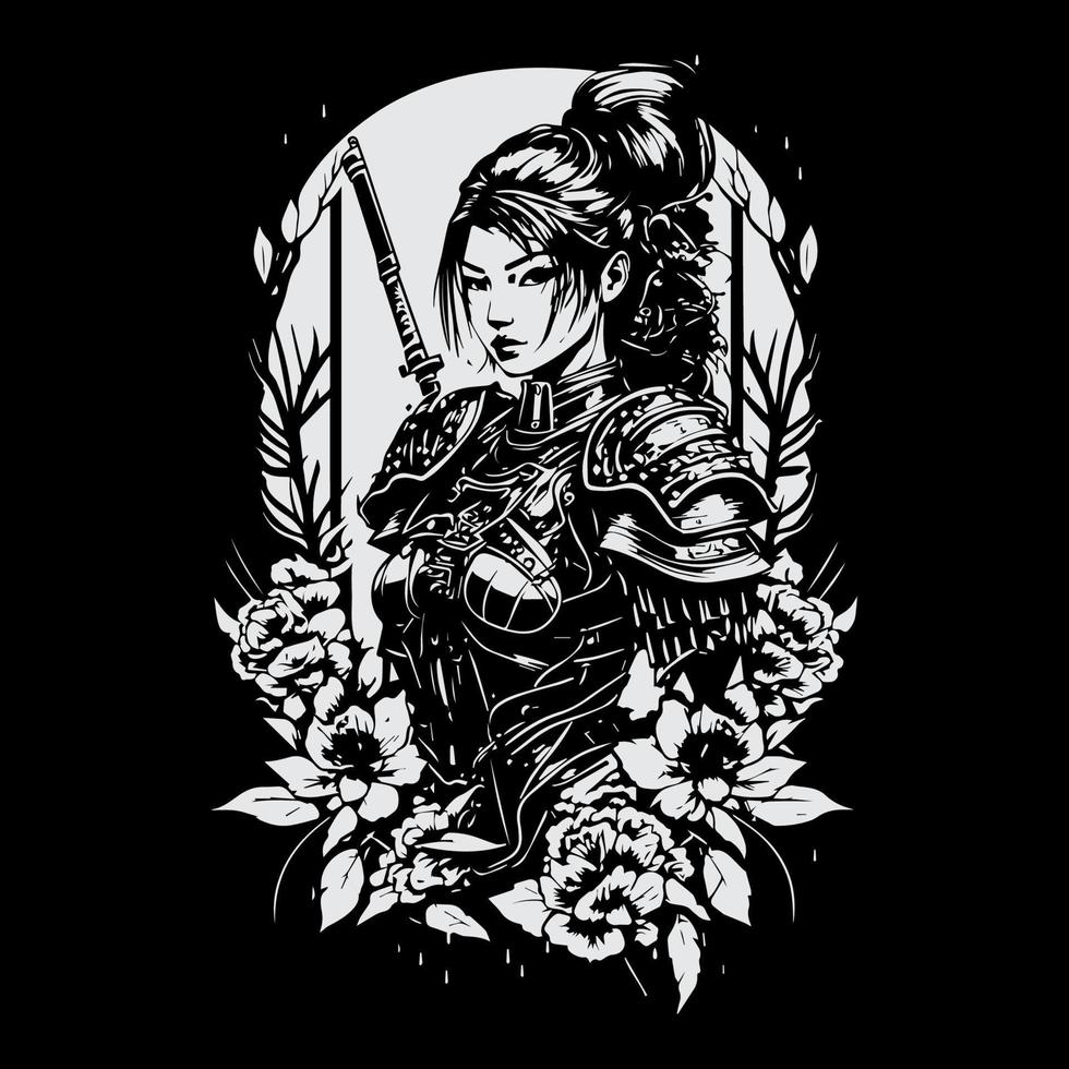 upper body japanese samurai girl line art hand drawn illustration white ink vector