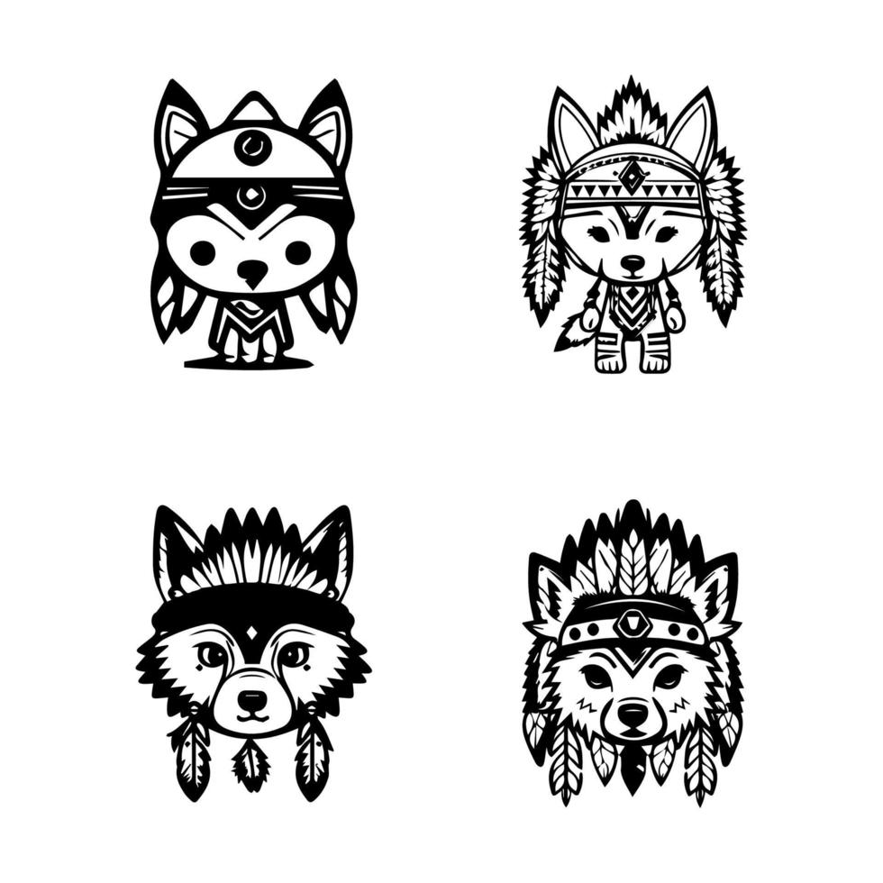 Unleash your wild side with our cute kawaii wolf logo wearing Indian chief accessories collection. Hand drawn with love, these illustrations are sure to add a touch of playfulness and strength vector