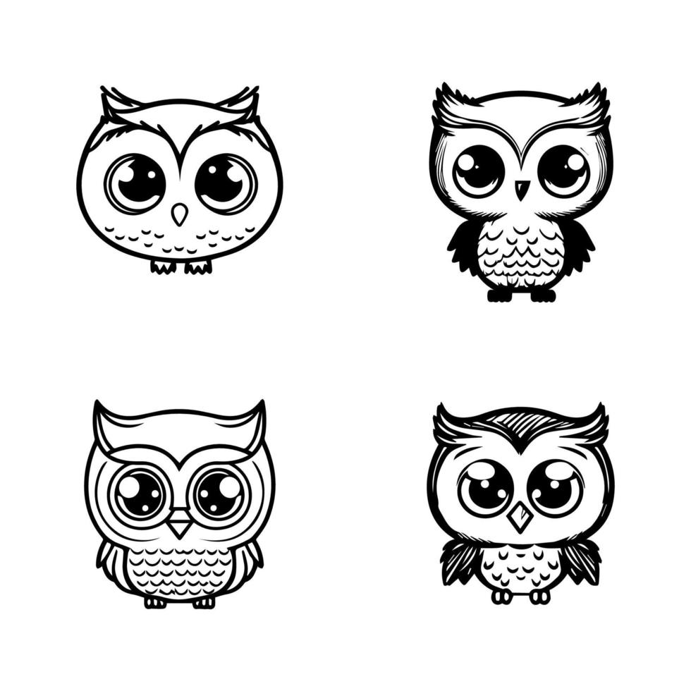 A collection of cute and charming Hand drawn illustrations of kawaii owls, perfect for adding a touch of whimsy to any project or design vector