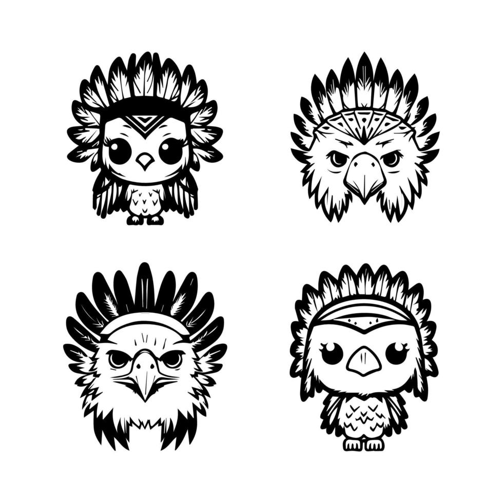 Unleash your inner warrior with our cute kawaii eagle head logo wearing Indian chief accessories collection. Hand drawn with love, these illustrations are sure to add a touch of strength and grace vector