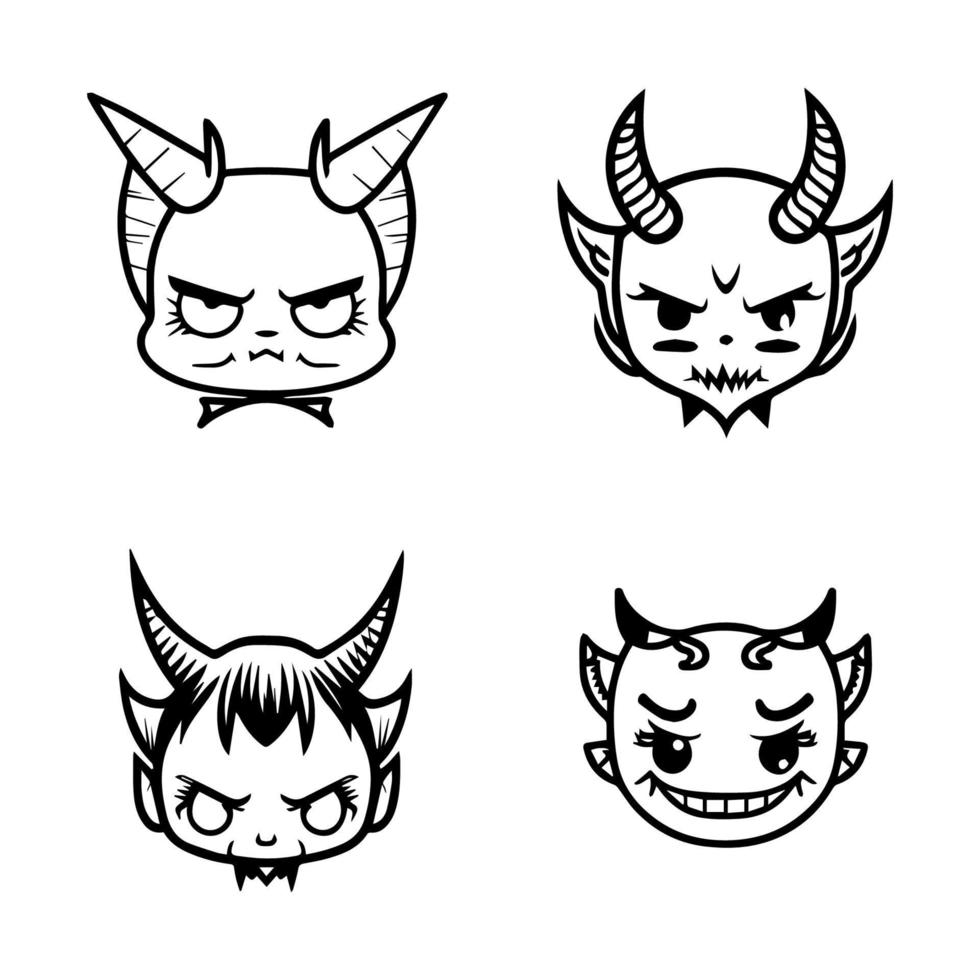 A collection of cute anime devil heads featuring various expressions and accessories, Hand drawn in intricate line art vector