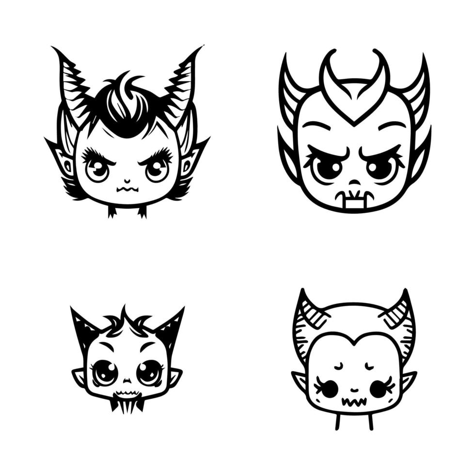 A collection of cute anime devil heads featuring various expressions and accessories, Hand drawn in intricate line art vector