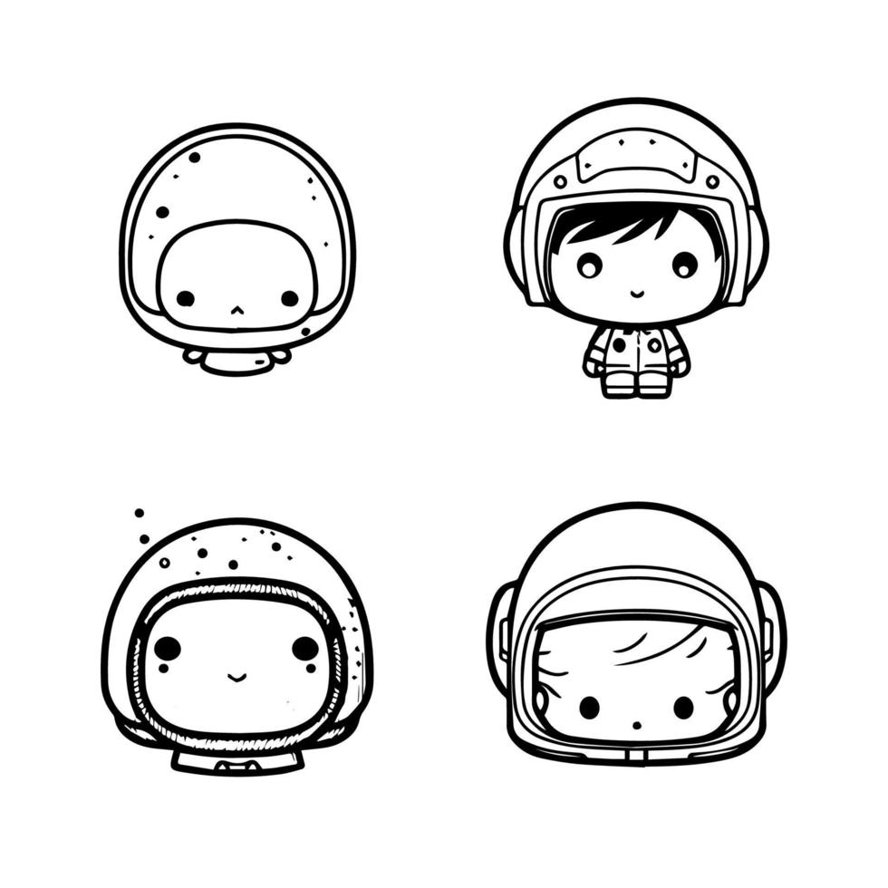 un linda y kawaii colección conjunto de mano dibujado astronauta logotipos, presentando adorable caracteres en trajes espaciales y cósmico accesorios vector