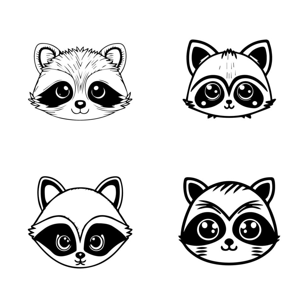 A charming collection of Hand drawn line art illustrations featuring cute anime raccoon head logos. Perfect for adding a touch of cuteness to any project vector