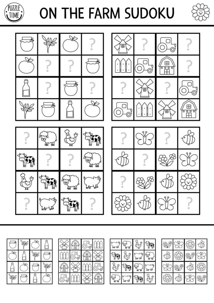 Vector farm sudoku black and white puzzle for kids with pictures. Simple on the farm quiz with missing elements. Education activity or coloring page with farmer, barn, tractor. Draw missing objects