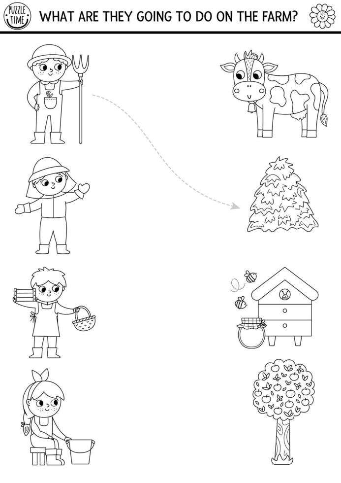 Black and white farm matching activity with cute farmers, chores. Country puzzle with cow, hay, beekeeper, dairymaid. Match the objects coloring game. On the farm match up line page vector