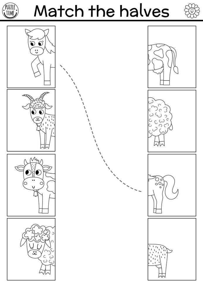 Farm connect the halves worksheet.  On the farm black and white matching game for preschool kids with domestic animals. Match heads and tails activity or coloring page with cow, horse, sheep vector