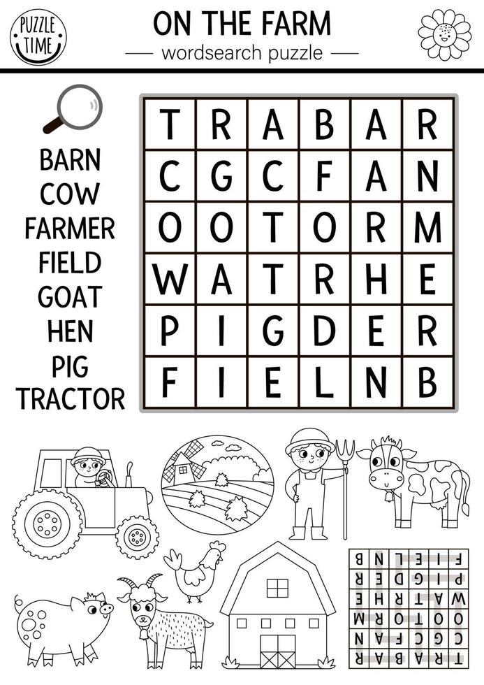 Vector on the farm black and white word search puzzle for kids. Simple farm word search line quiz. Country activity with cow, farmer, tractor, barn. Rural village cross word coloring page