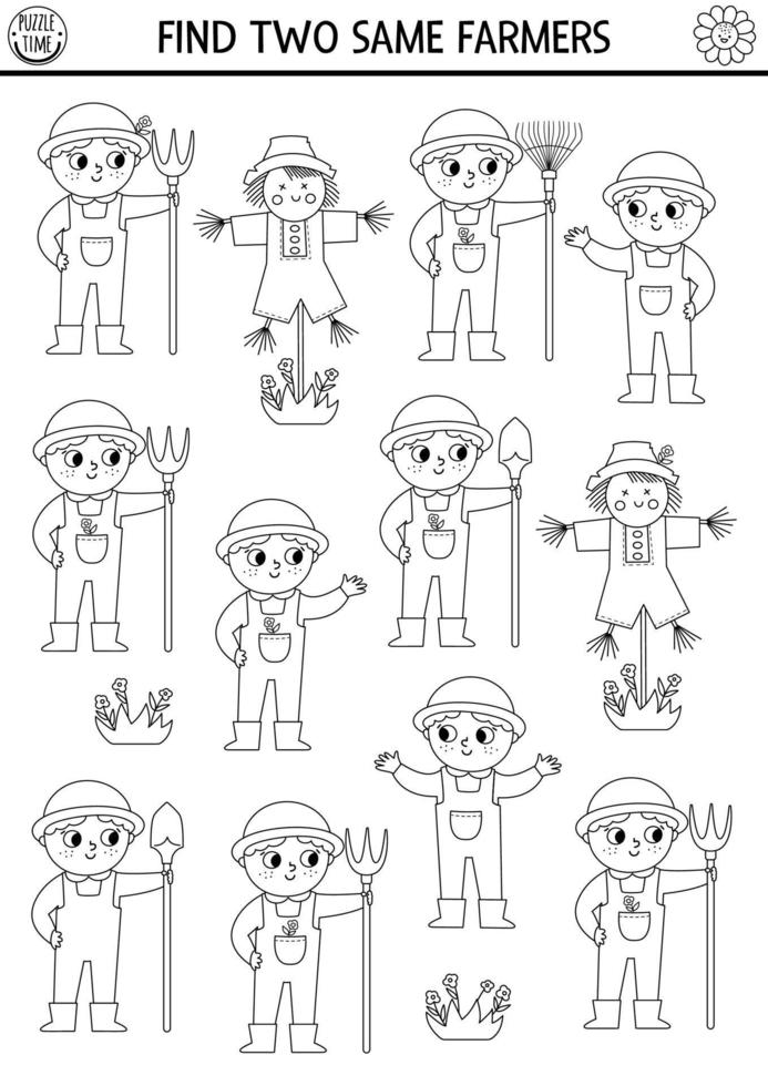 Find two same farmers. On the farm black and white matching activity for children. Rural village coloring page for kids for attention skills. Simple printable line game with cute boy vector