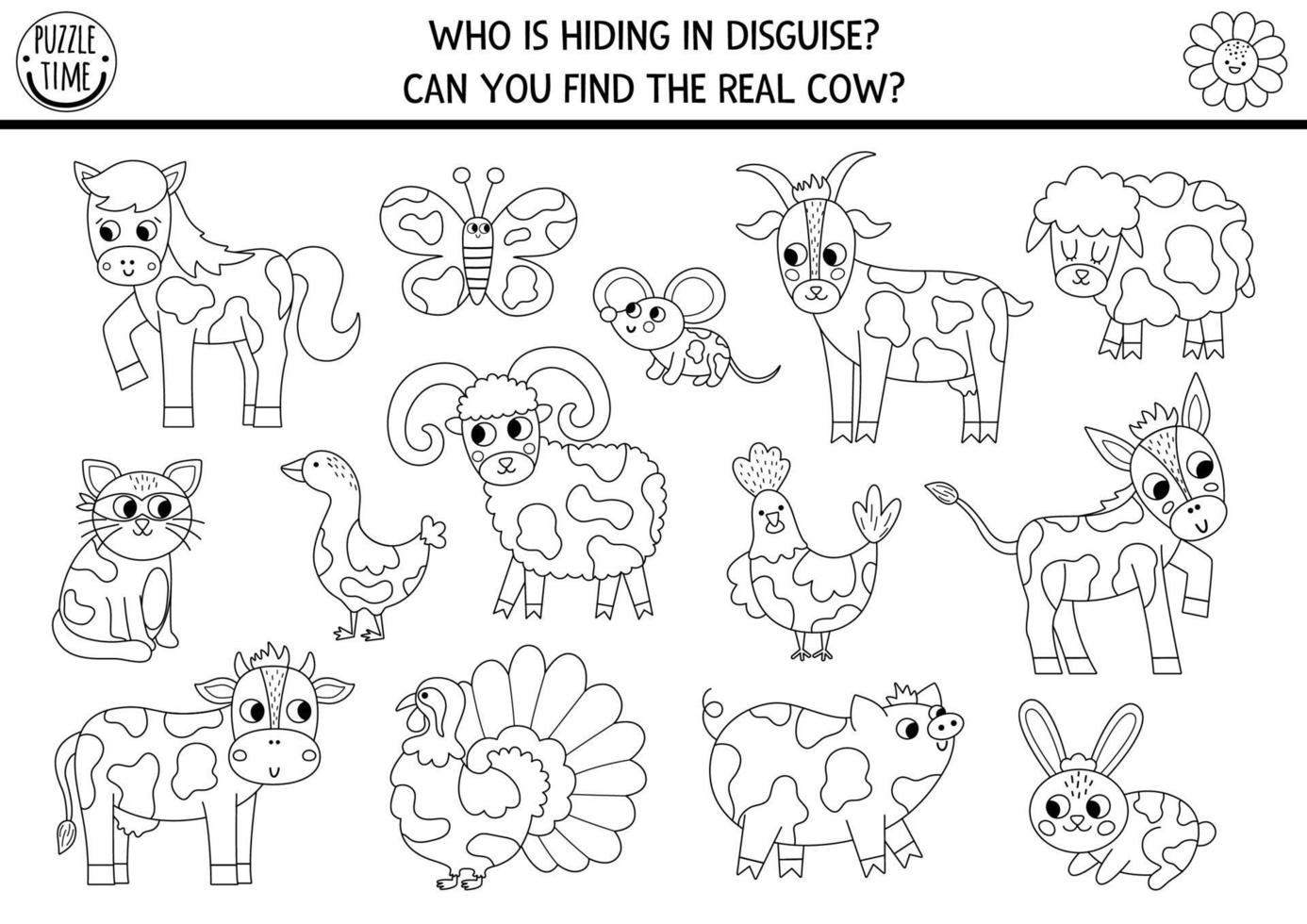 On the farm hide and seek game. Black and white farm matching activity for kids. Seek and find coloring page. Simple printable line game with cute animals. Who is hiding in disguise. Find the real cow vector