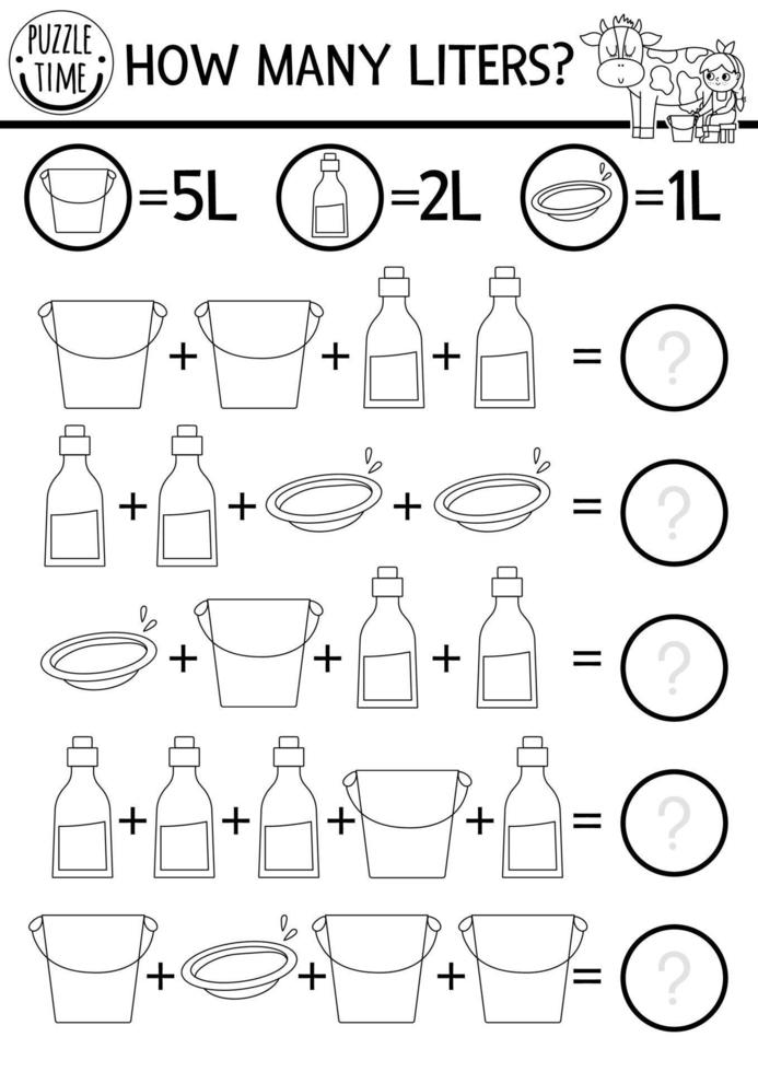 Farm how many liters black and white game with funny cow, milk dairymaid. On the farm line math addition activity or coloring page. Printable simple country counting worksheet for kids vector