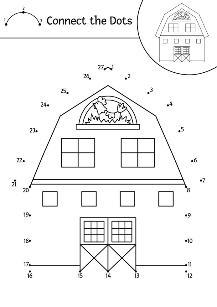 Vector dot-to-dot and color activity with cute barn house. On the farm connect the dots game for children with funny shed. Rural country coloring page for kids. Printable worksheet