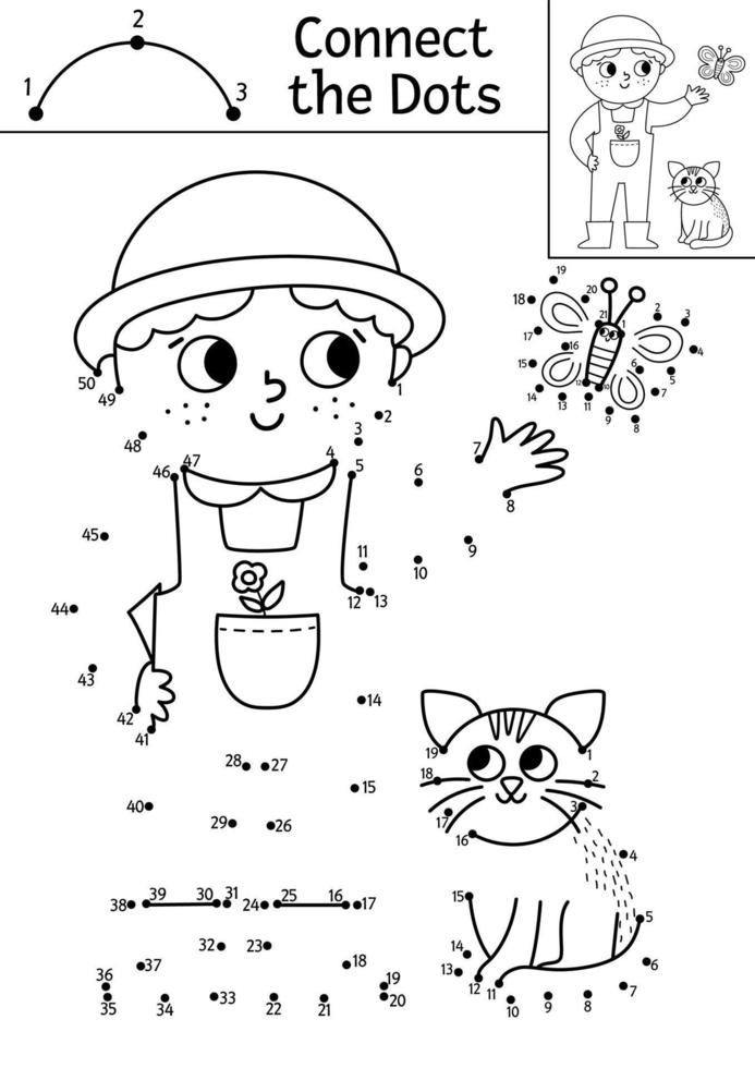 Vector dot-to-dot and color activity with cute farmer and cat. On the farm connect the dots game for children with funny boy. Rural country coloring page for kids. Printable worksheet