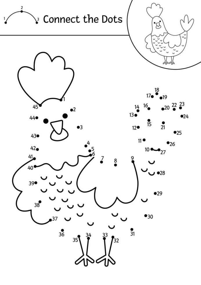 Vector dottodot and color activity with cute hen. On the farm connect