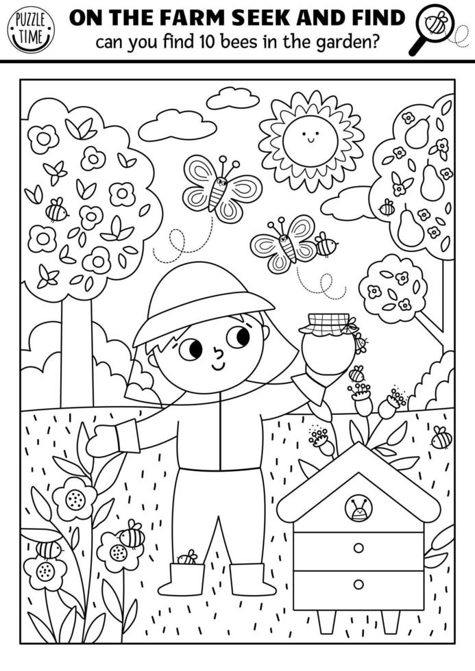 Vector farm searching black and white game with rural village landscape, farmer. Spot hidden bees coloring page. Simple on the farm seek and find activity with beekeeper, beehive, honey