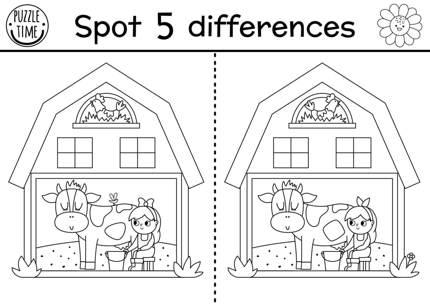 On the farm black and white find differences game for children. Educational line activity with cute barn house with girl milking cow. Rural country puzzle with funny shed. Attention coloring page vector